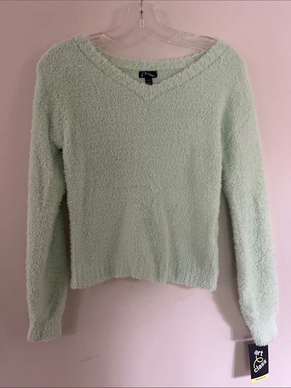 art class Mint Green Plush V-Neck Sweater